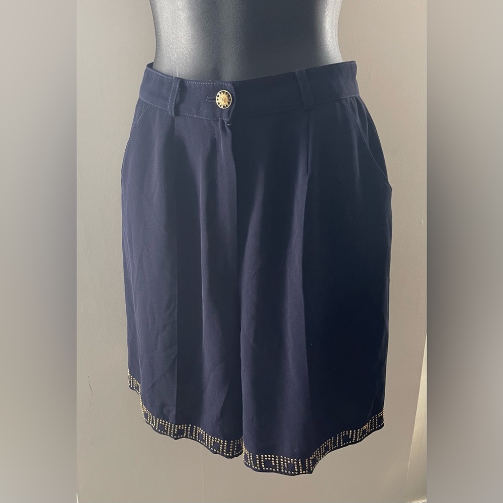 Rober Navy Blue High Waisted Dress Shorts With Gold Beaded Hem